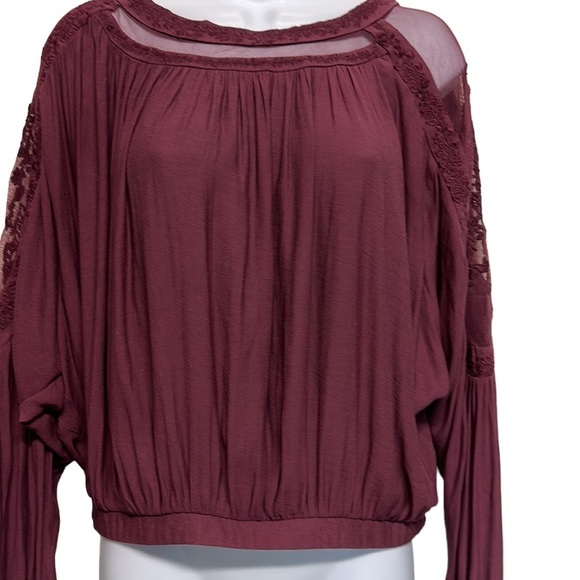 Free People maroon Long‎ Sleeve Purple Embroidered & Mesh Top Size XS - Picture 1 of 15